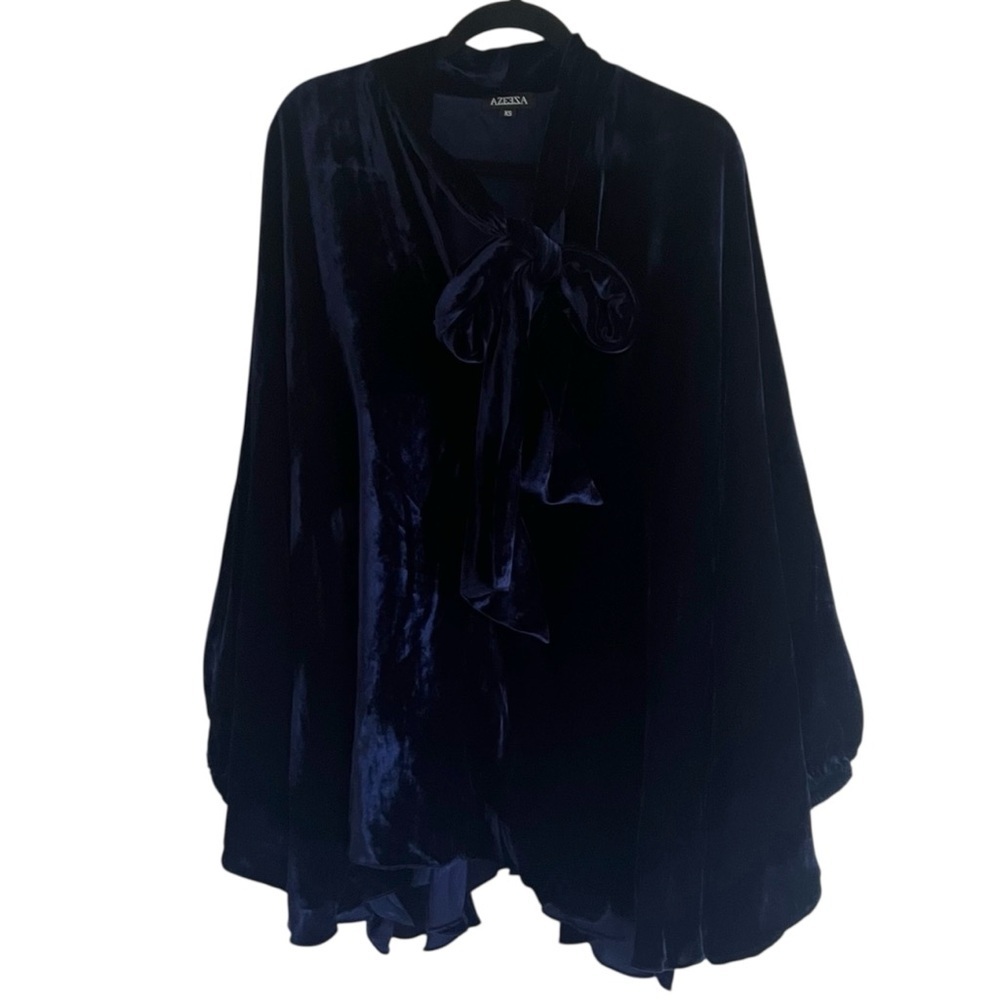Azeeza Blue 100% Silk Velvet Long Sleeve Flowy Mini Dress XS